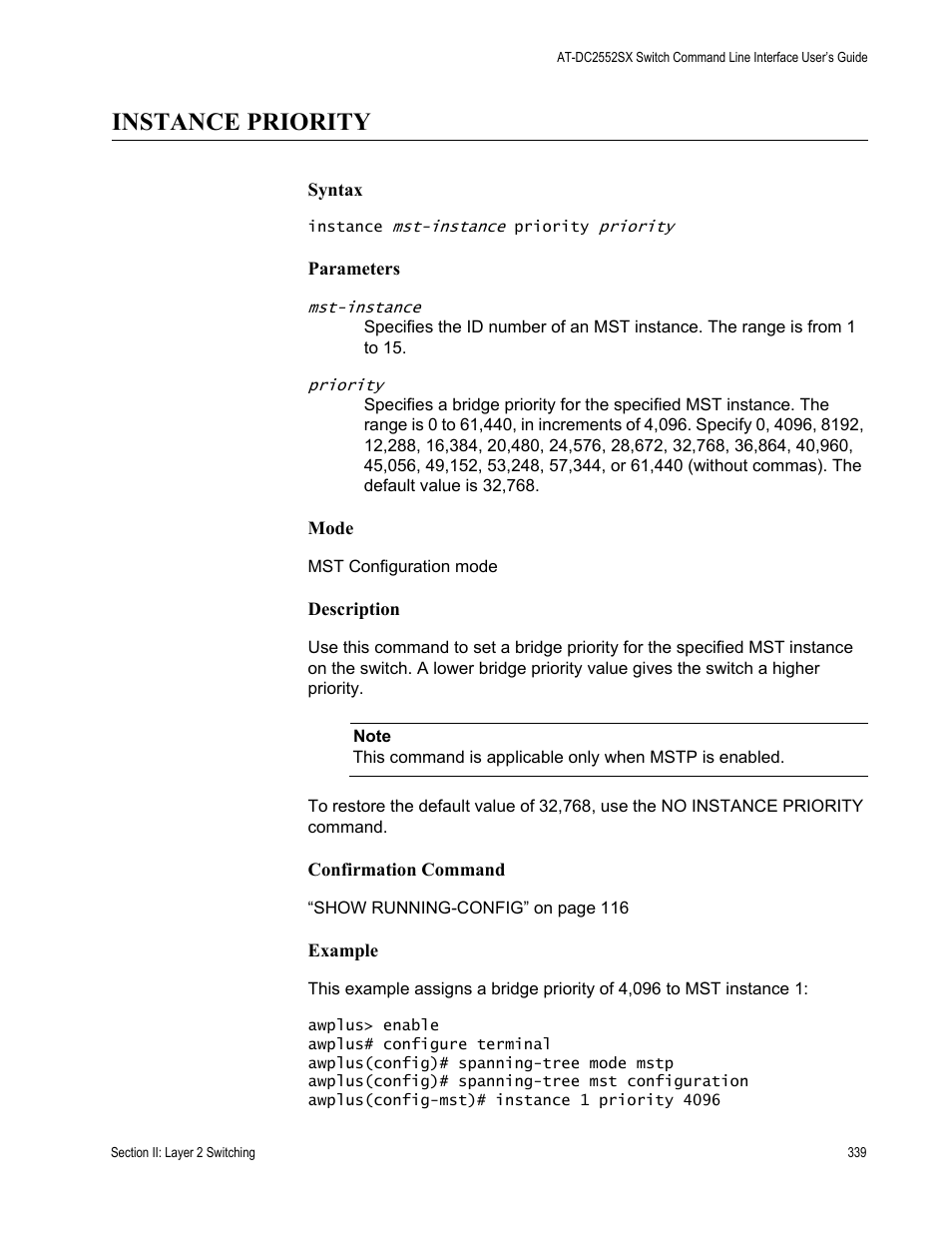 Instance priority | Allied Telesis AT-DC2552XS User Manual | Page 339 / 550