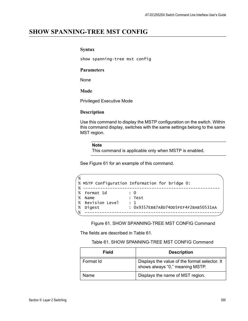 Show spanning-tree mst config, Table 61. show spanning-tree mst config command | Allied Telesis AT-DC2552XS User Manual | Page 355 / 550