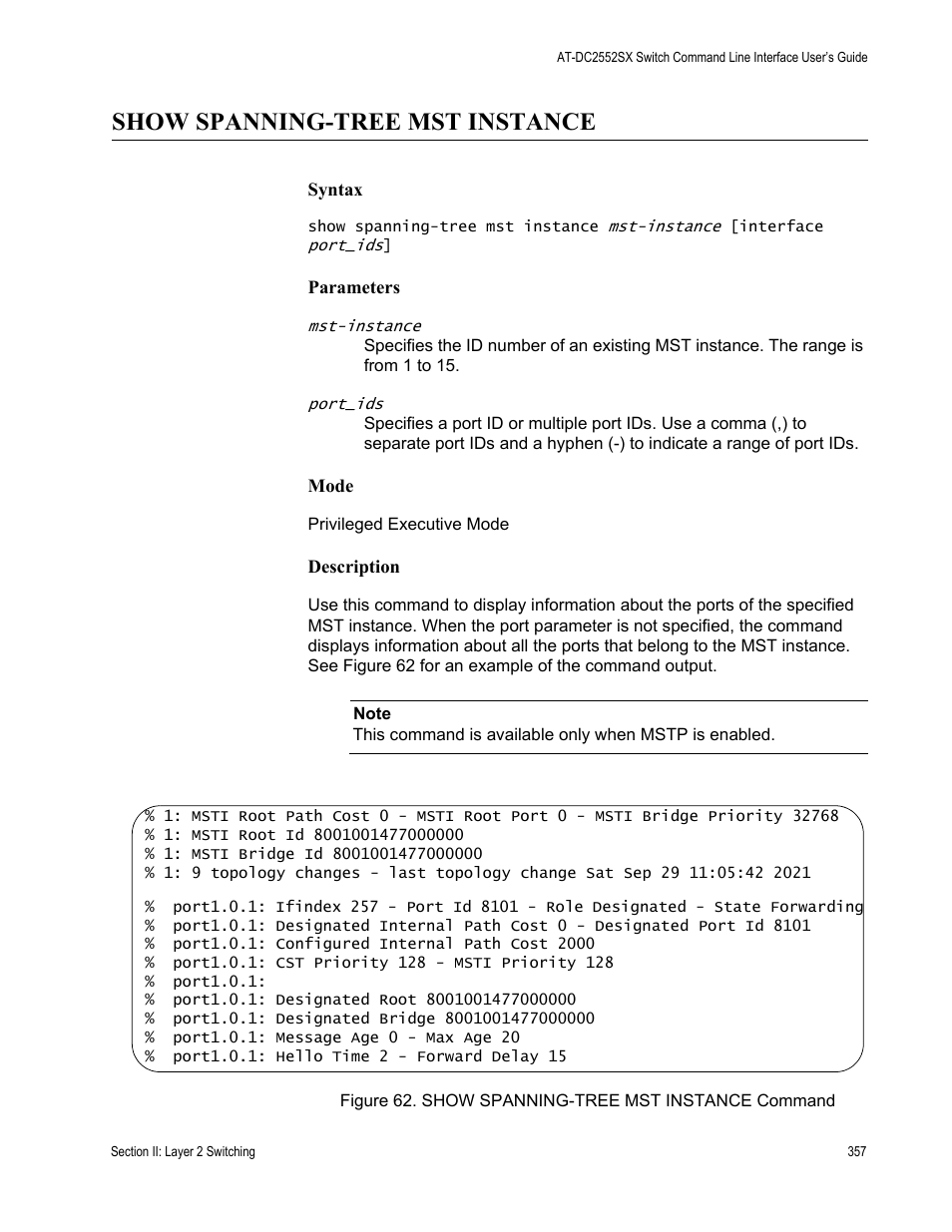 Show spanning-tree mst instance | Allied Telesis AT-DC2552XS User Manual | Page 357 / 550