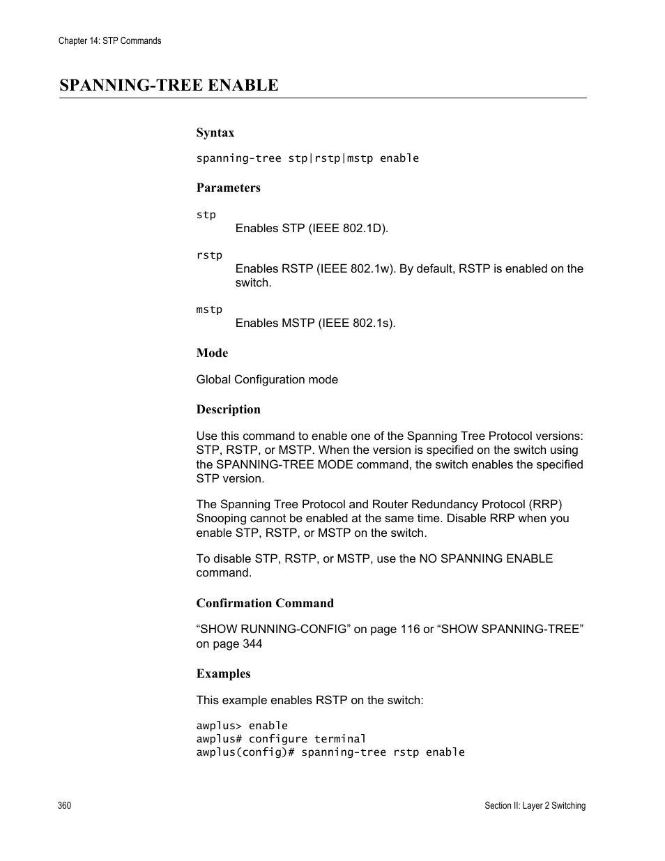 Spanning-tree enable | Allied Telesis AT-DC2552XS User Manual | Page 360 / 550