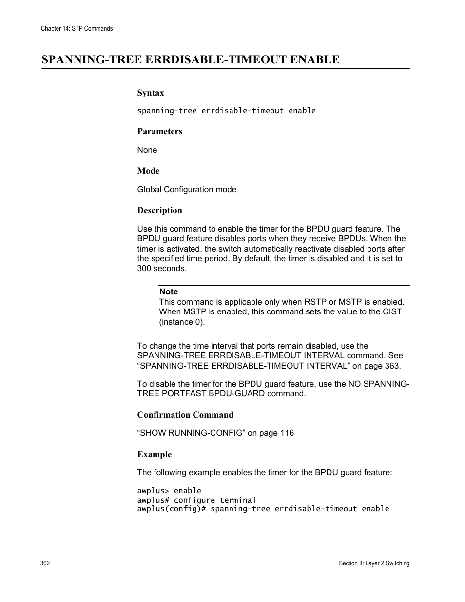 Spanning-tree errdisable-timeout enable | Allied Telesis AT-DC2552XS User Manual | Page 362 / 550