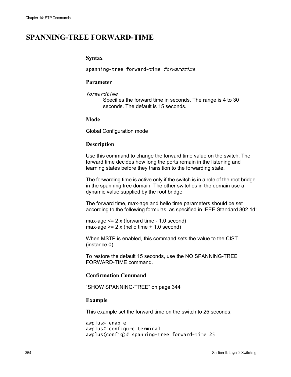 Spanning-tree forward-time | Allied Telesis AT-DC2552XS User Manual | Page 364 / 550