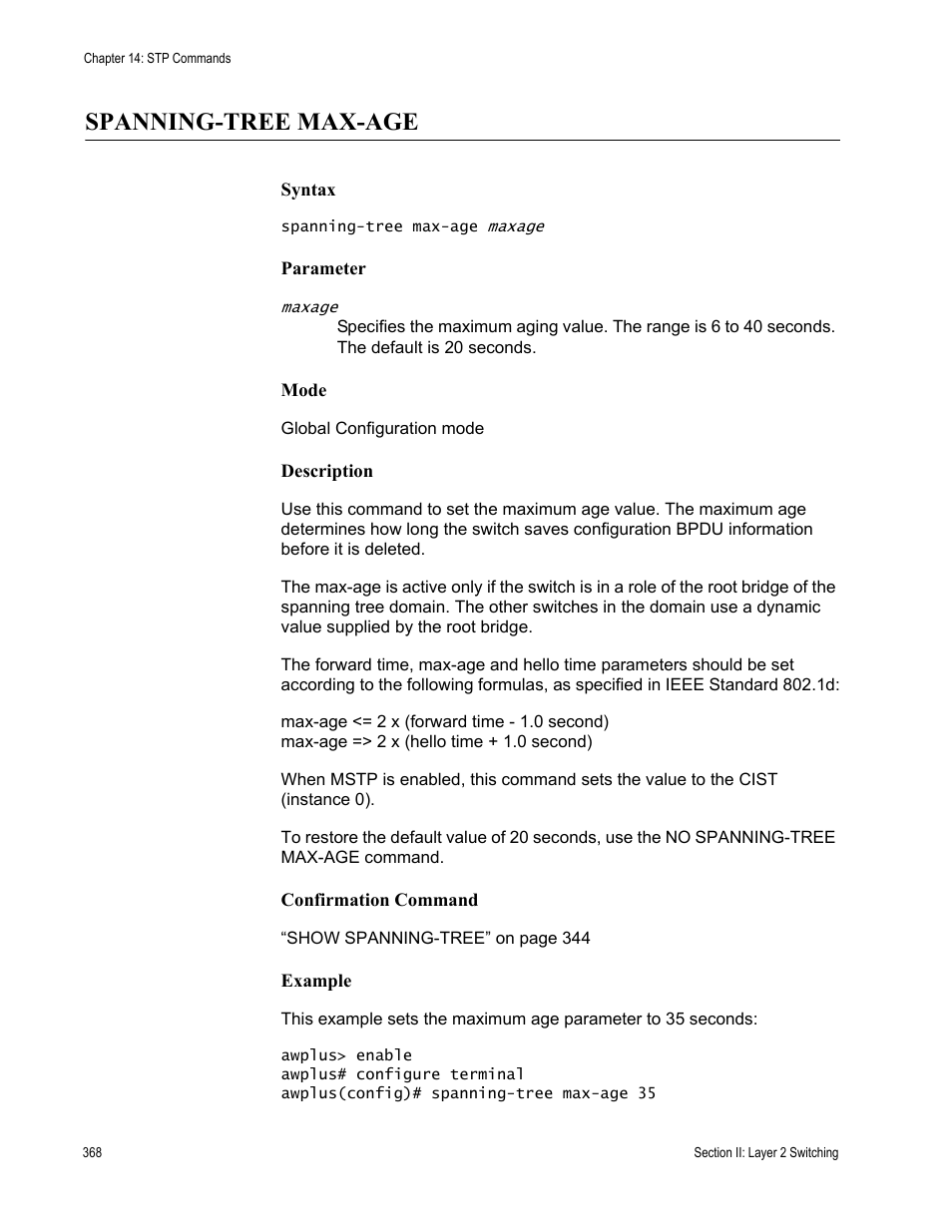 Spanning-tree max-age | Allied Telesis AT-DC2552XS User Manual | Page 368 / 550