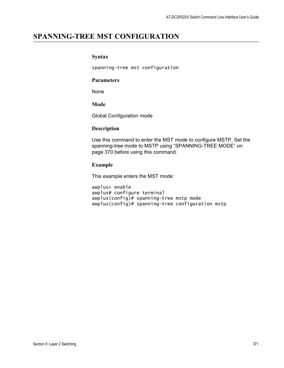 Spanning-tree mst configuration | Allied Telesis AT-DC2552XS User Manual | Page 371 / 550