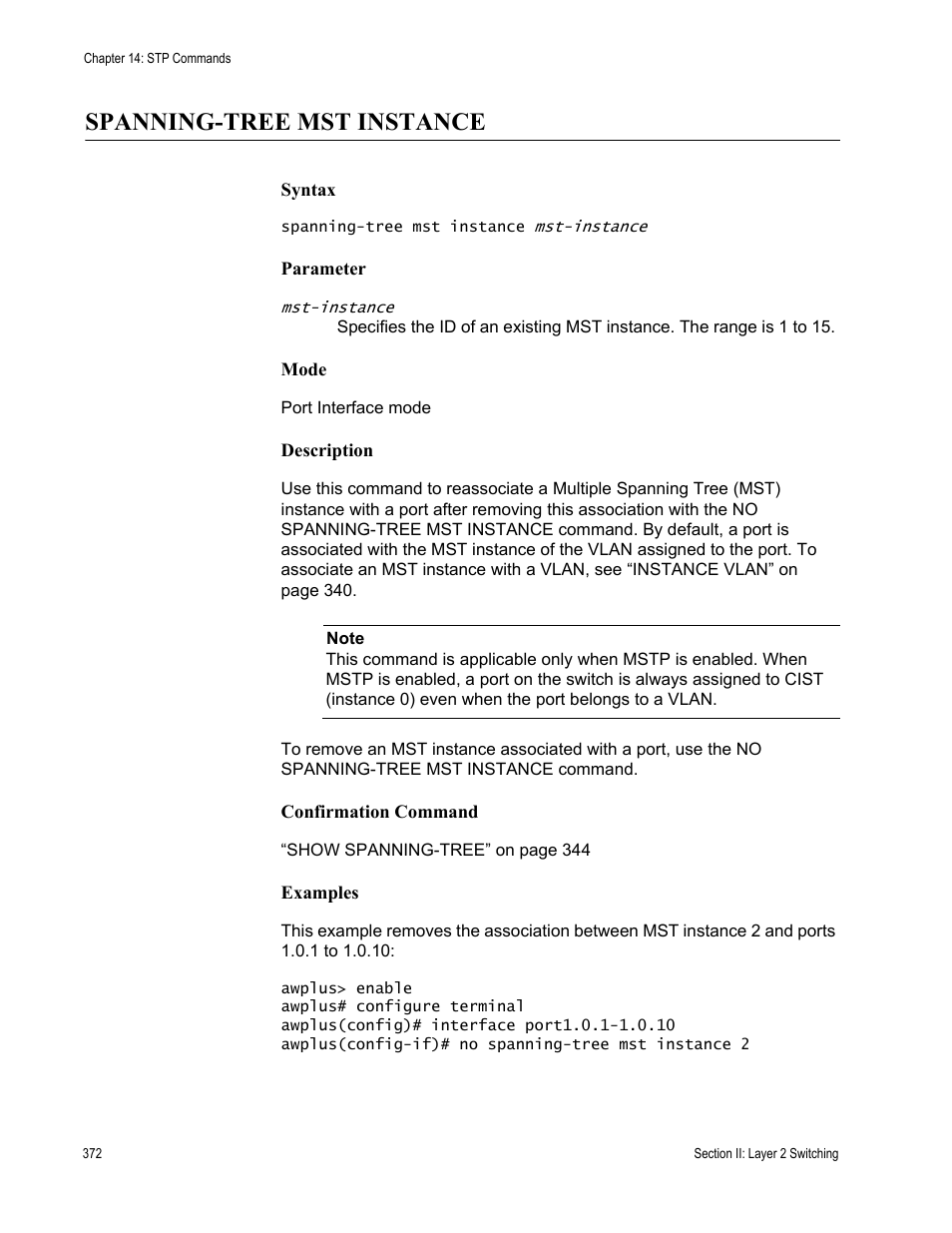 Spanning-tree mst instance | Allied Telesis AT-DC2552XS User Manual | Page 372 / 550