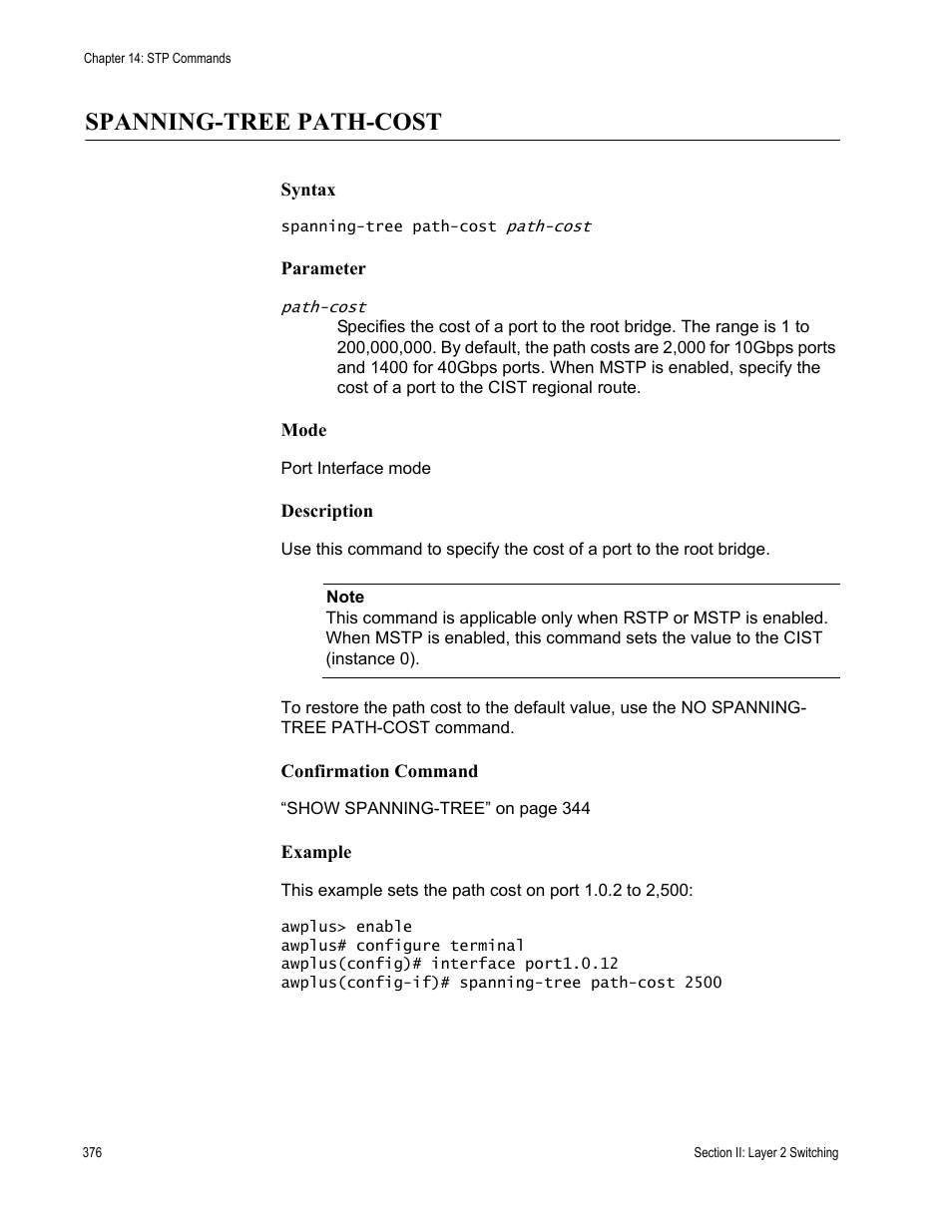 Spanning-tree path-cost | Allied Telesis AT-DC2552XS User Manual | Page 376 / 550