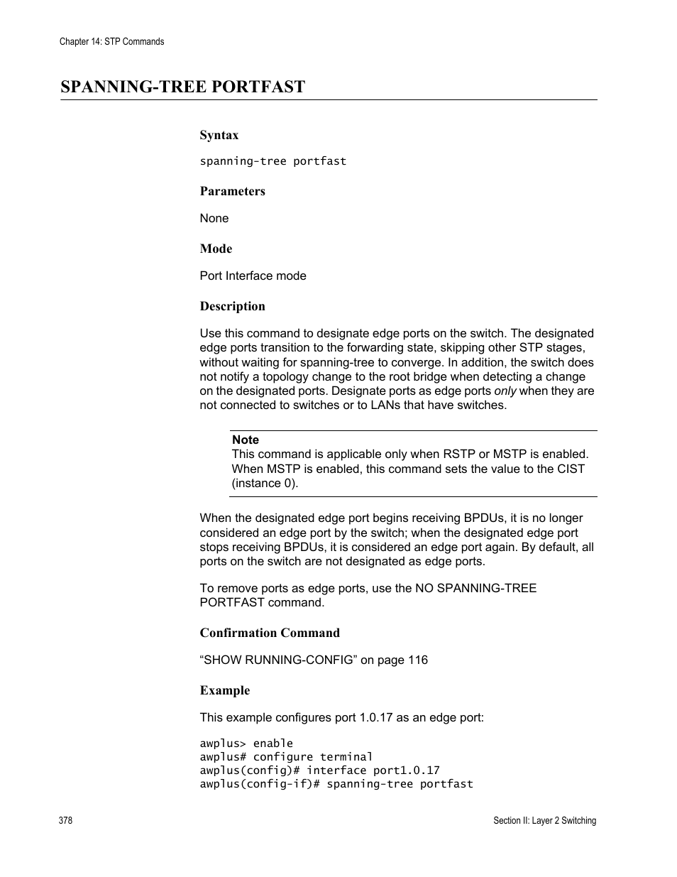Spanning-tree portfast | Allied Telesis AT-DC2552XS User Manual | Page 378 / 550