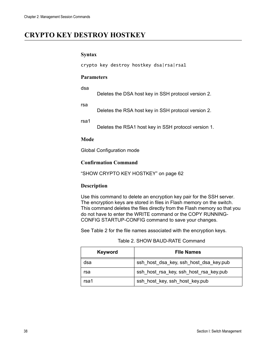 Crypto key destroy hostkey, Table 2. show baud-rate command | Allied Telesis AT-DC2552XS User Manual | Page 38 / 550