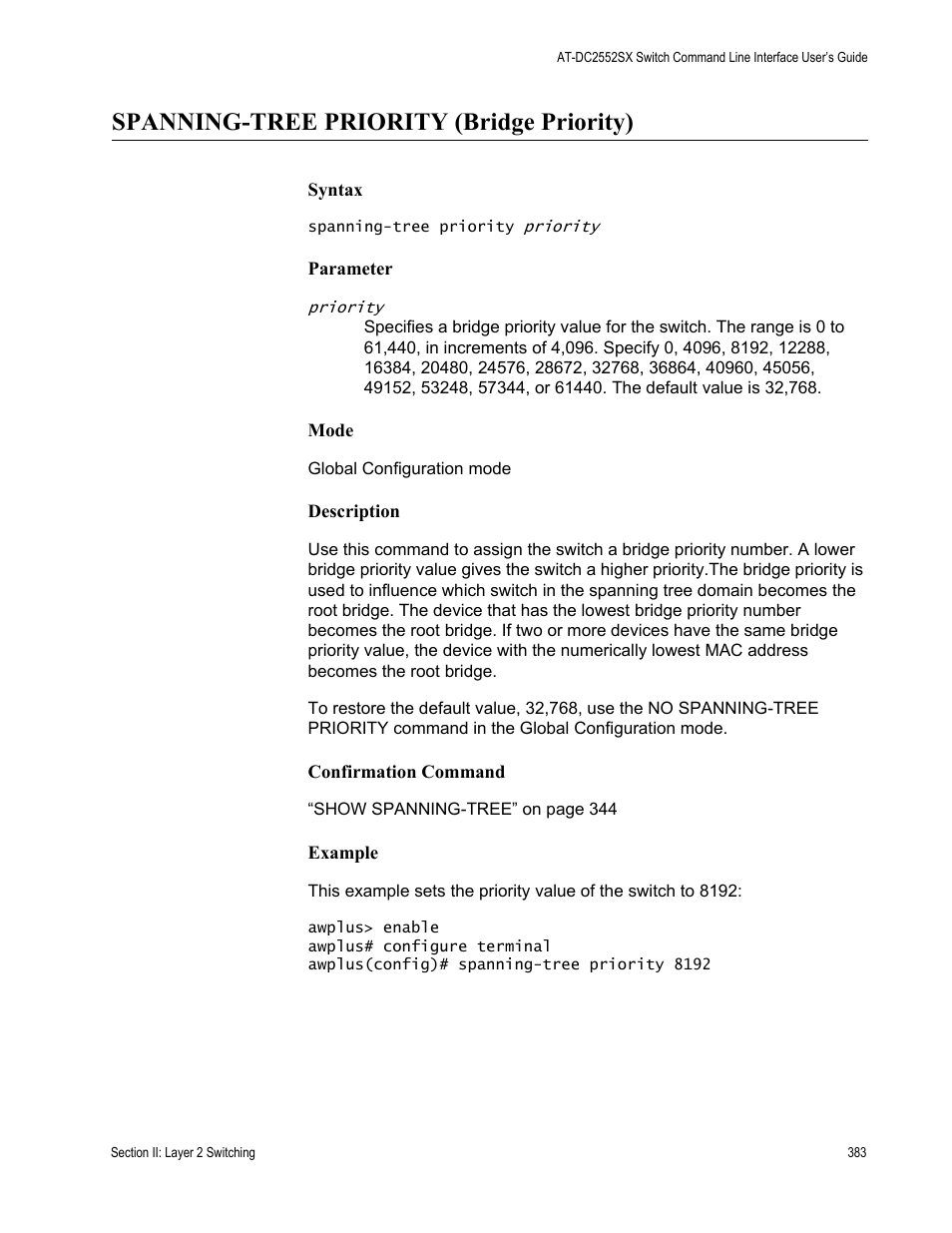Spanning-tree priority (bridge priority) | Allied Telesis AT-DC2552XS User Manual | Page 383 / 550