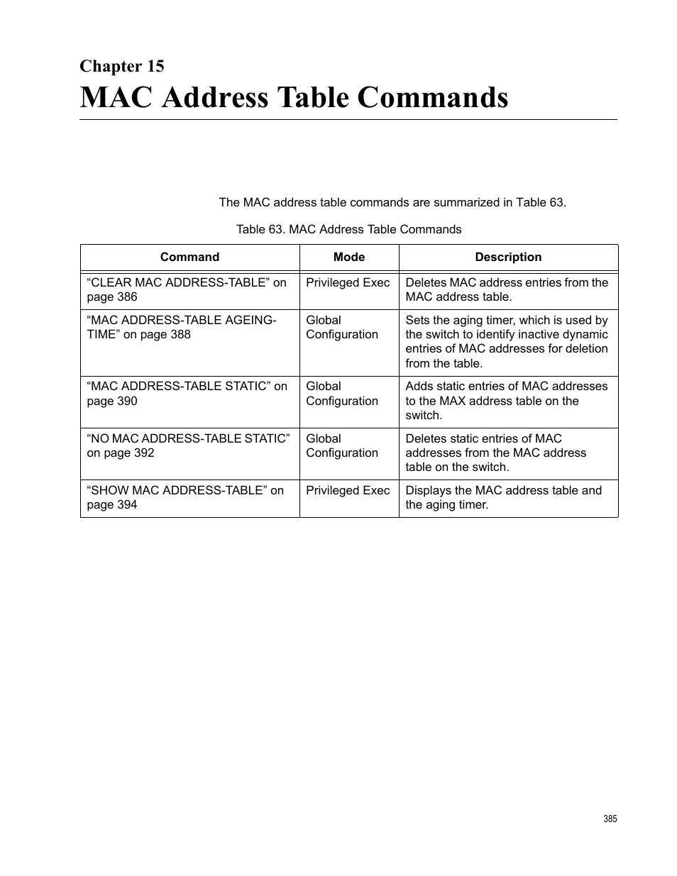 Chapter 15, Mac address table commands, Table 63. mac address table commands | Allied Telesis AT-DC2552XS User Manual | Page 385 / 550