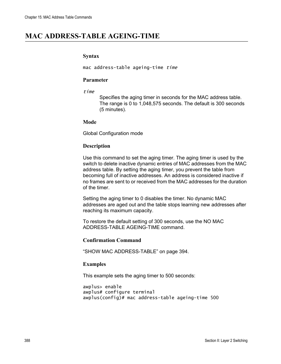Mac address-table ageing-time | Allied Telesis AT-DC2552XS User Manual | Page 388 / 550