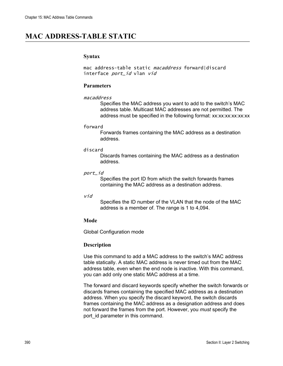 Mac address-table static | Allied Telesis AT-DC2552XS User Manual | Page 390 / 550