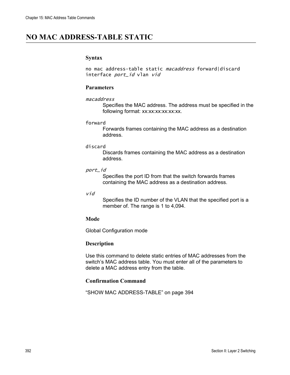 No mac address-table static | Allied Telesis AT-DC2552XS User Manual | Page 392 / 550
