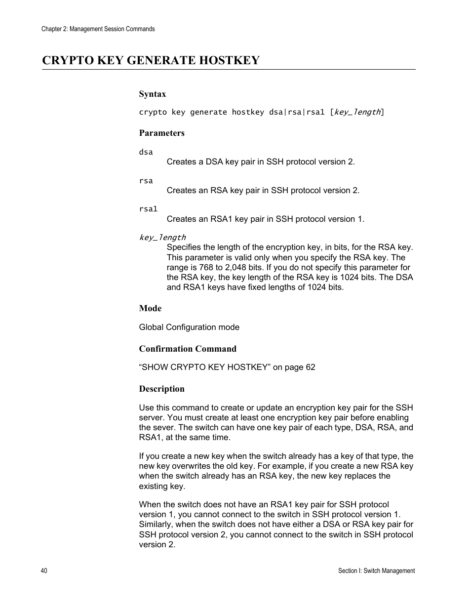 Crypto key generate hostkey | Allied Telesis AT-DC2552XS User Manual | Page 40 / 550