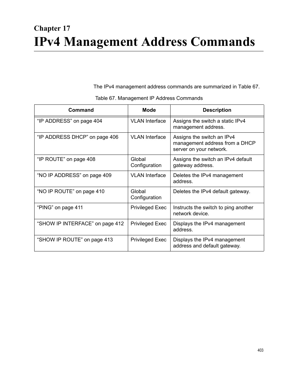 Chapter 17, Ipv4 management address commands, Table 67. management ip address commands | Allied Telesis AT-DC2552XS User Manual | Page 403 / 550