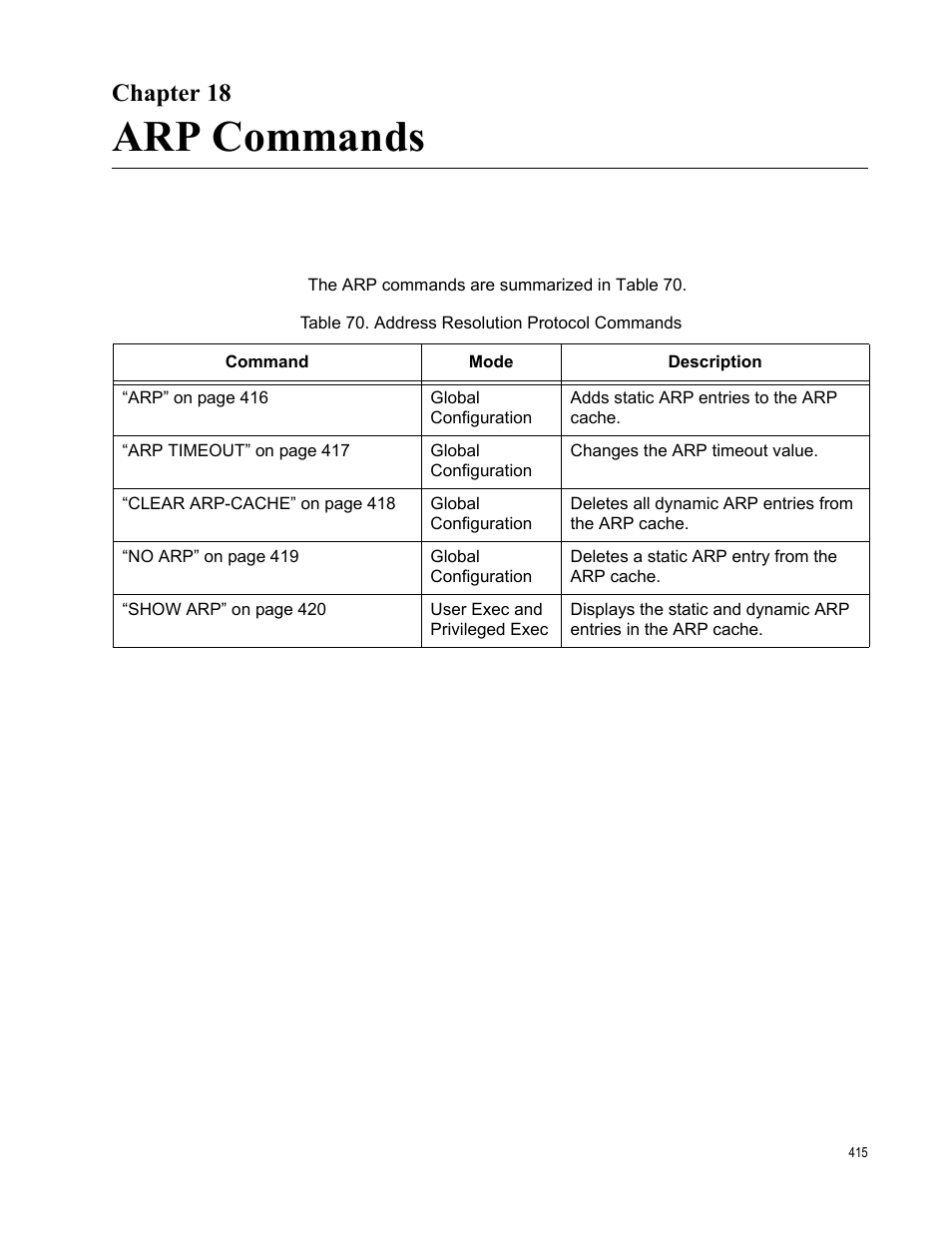 Chapter 18, Arp commands, Table 70. address resolution protocol commands | Allied Telesis AT-DC2552XS User Manual | Page 415 / 550