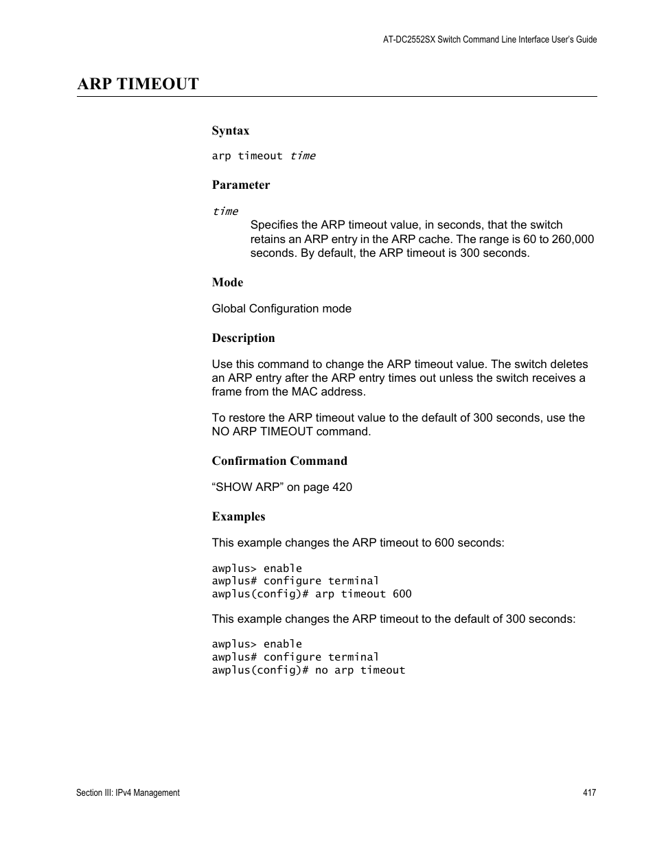 Arp timeout | Allied Telesis AT-DC2552XS User Manual | Page 417 / 550