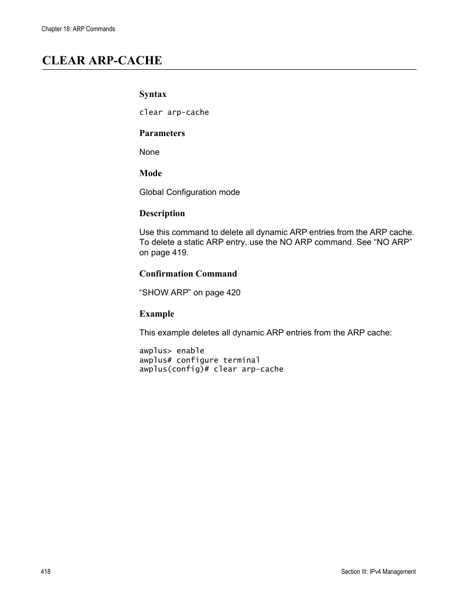 Clear arp-cache | Allied Telesis AT-DC2552XS User Manual | Page 418 / 550