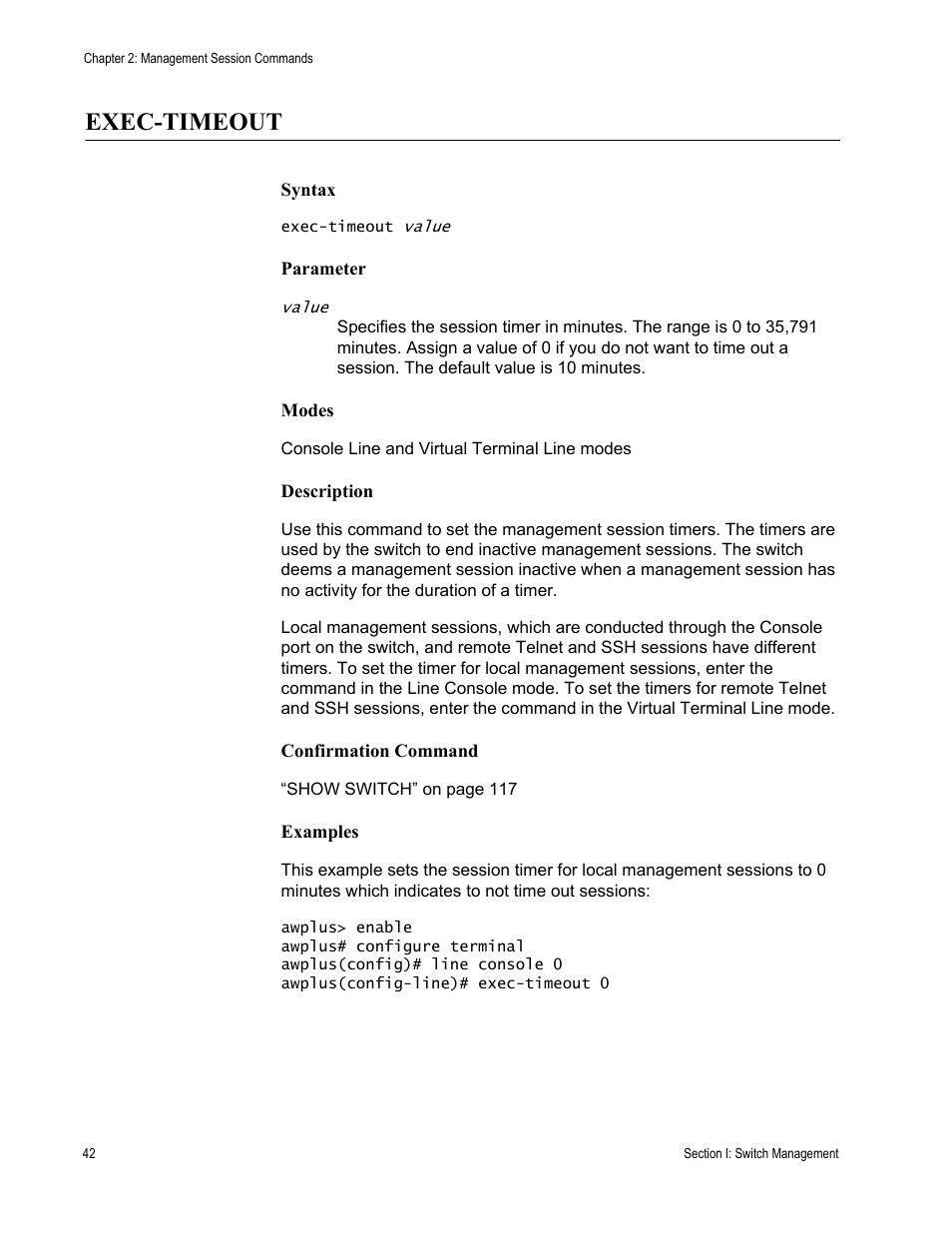 Exec-timeout | Allied Telesis AT-DC2552XS User Manual | Page 42 / 550