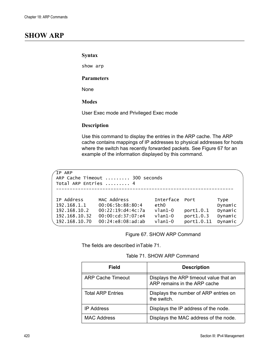 Show arp, Table 71. show arp command | Allied Telesis AT-DC2552XS User Manual | Page 420 / 550