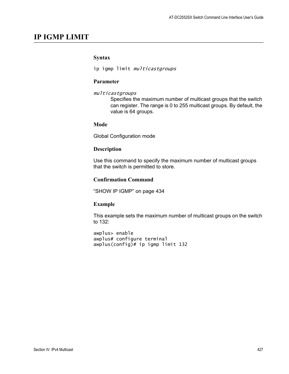 Ip igmp limit | Allied Telesis AT-DC2552XS User Manual | Page 427 / 550