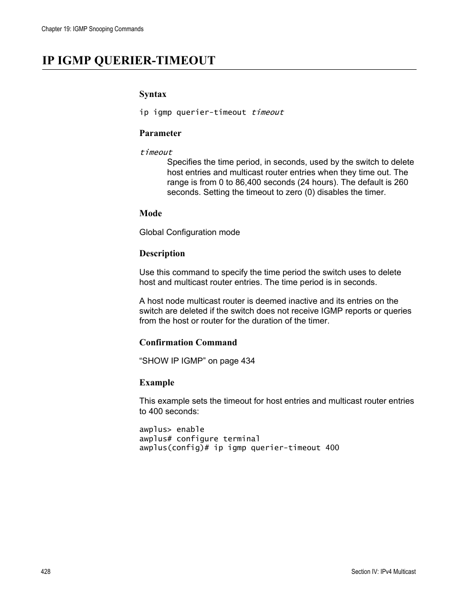 Ip igmp querier-timeout | Allied Telesis AT-DC2552XS User Manual | Page 428 / 550