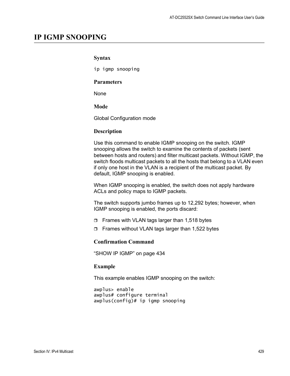 Ip igmp snooping | Allied Telesis AT-DC2552XS User Manual | Page 429 / 550
