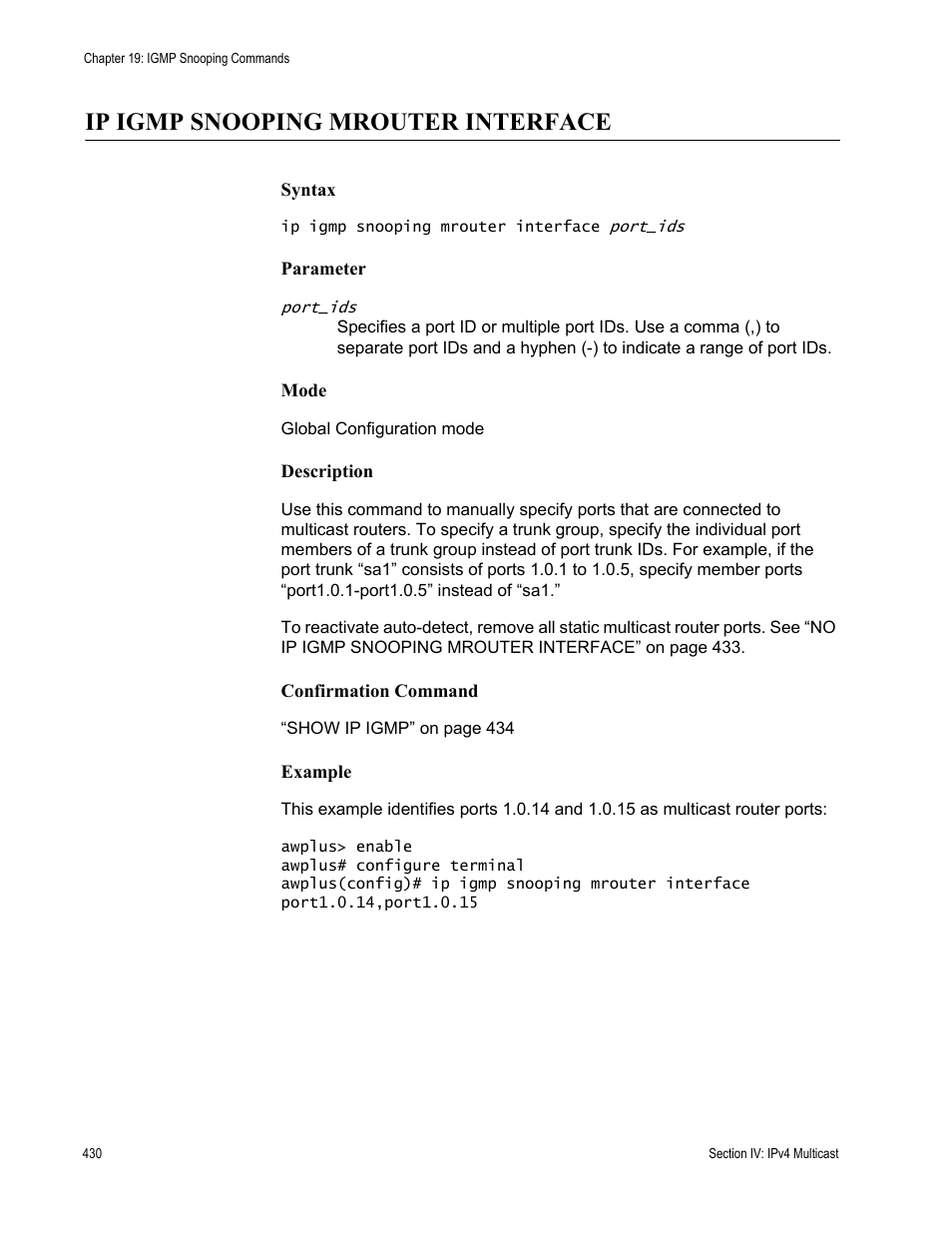 Ip igmp snooping mrouter interface | Allied Telesis AT-DC2552XS User Manual | Page 430 / 550
