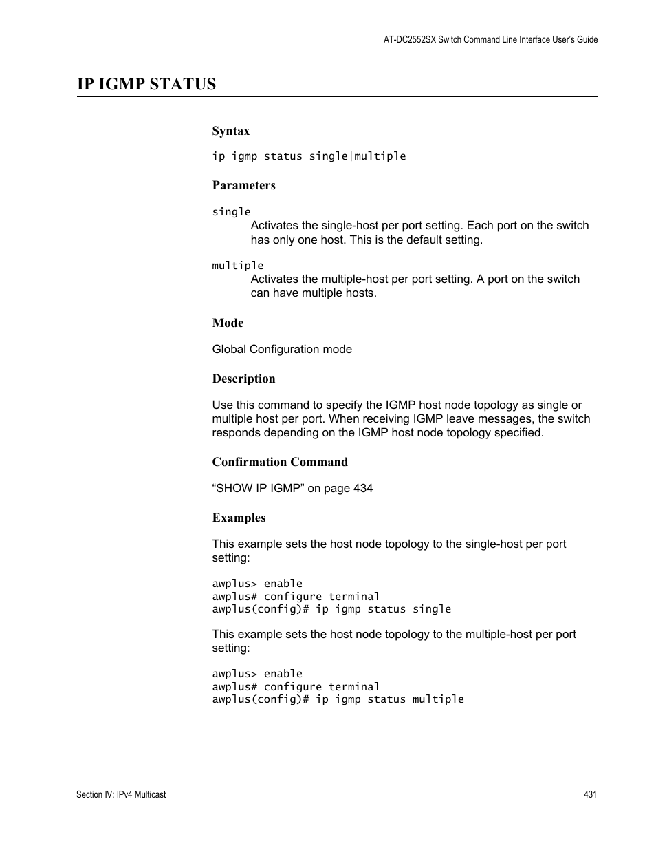Ip igmp status | Allied Telesis AT-DC2552XS User Manual | Page 431 / 550