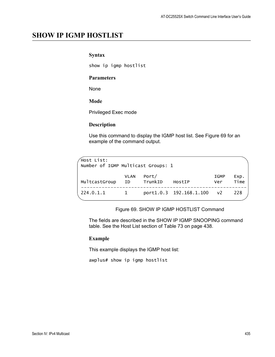 Show ip igmp hostlist | Allied Telesis AT-DC2552XS User Manual | Page 435 / 550