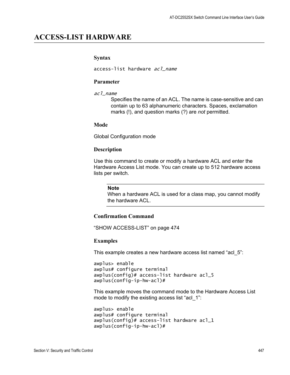 Access-list hardware | Allied Telesis AT-DC2552XS User Manual | Page 447 / 550