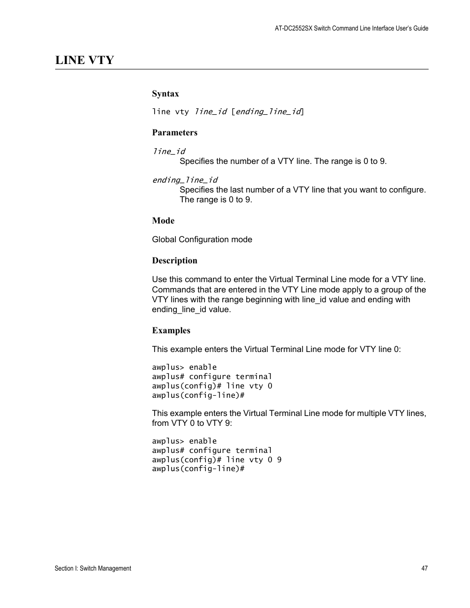 Line vty | Allied Telesis AT-DC2552XS User Manual | Page 47 / 550