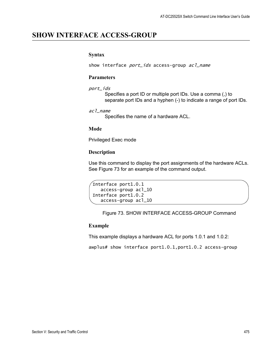 Show interface access-group | Allied Telesis AT-DC2552XS User Manual | Page 475 / 550