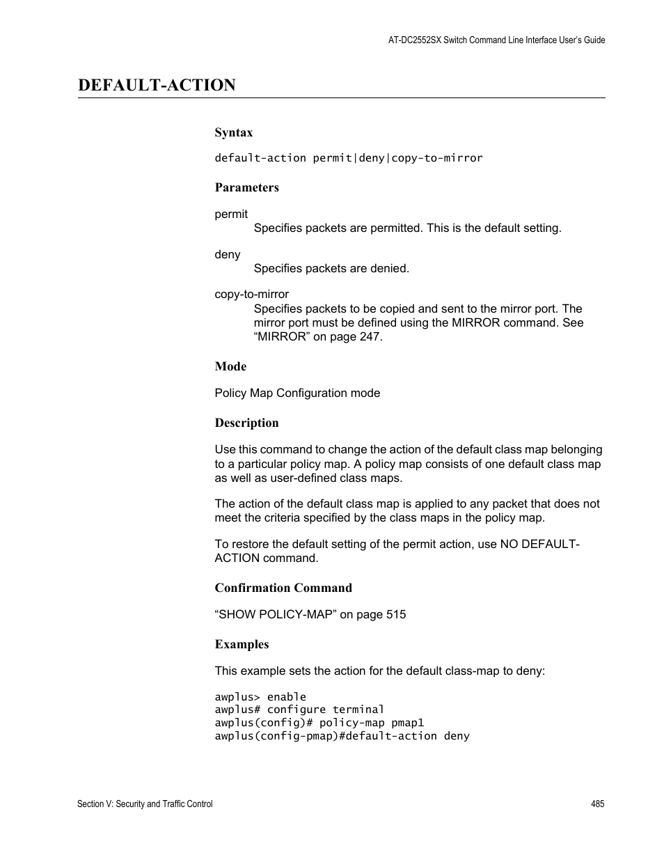 Default-action | Allied Telesis AT-DC2552XS User Manual | Page 485 / 550