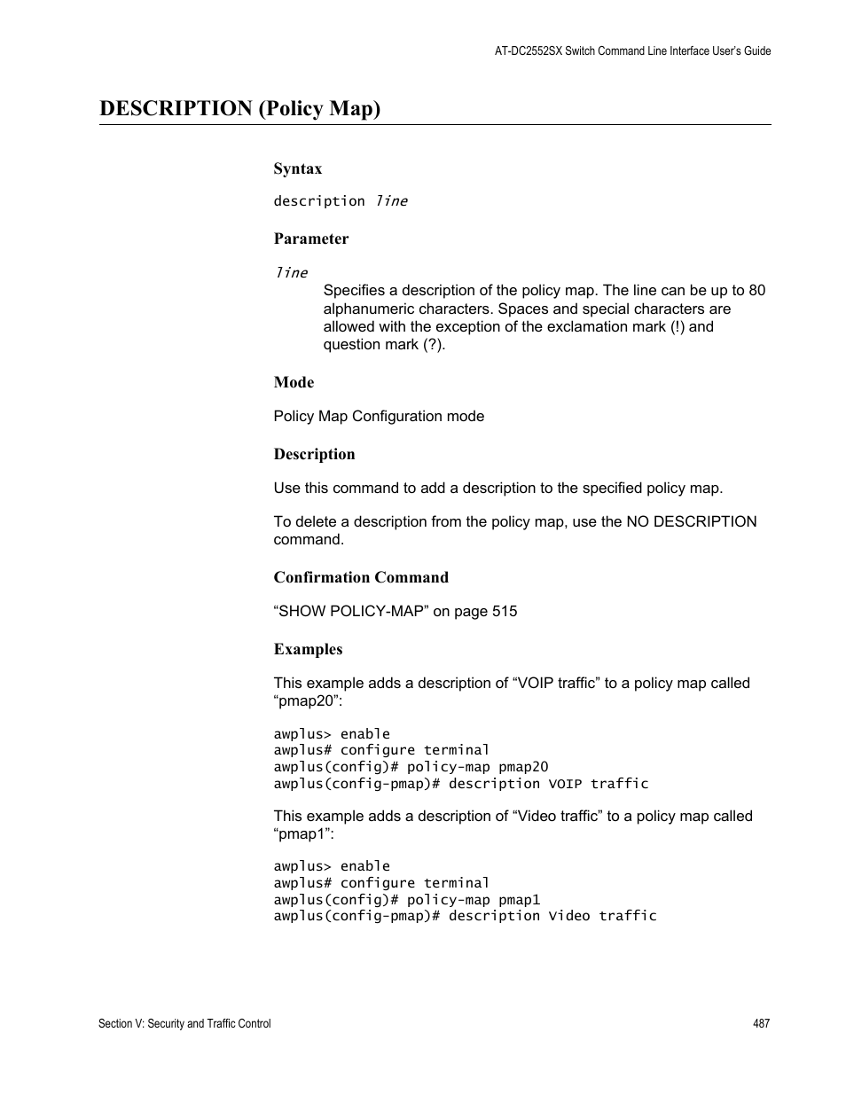 Description (policy map) | Allied Telesis AT-DC2552XS User Manual | Page 487 / 550