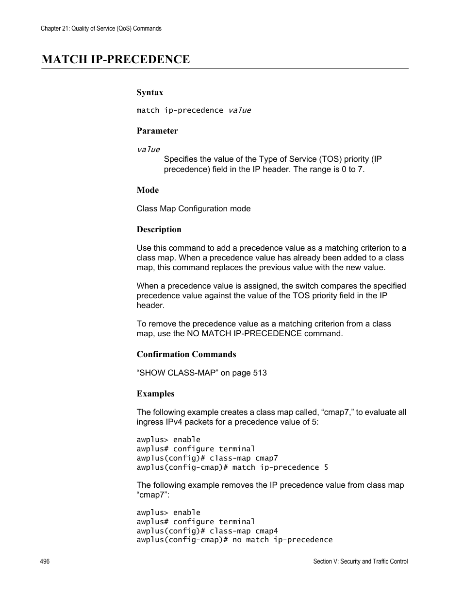 Match ip-precedence | Allied Telesis AT-DC2552XS User Manual | Page 496 / 550