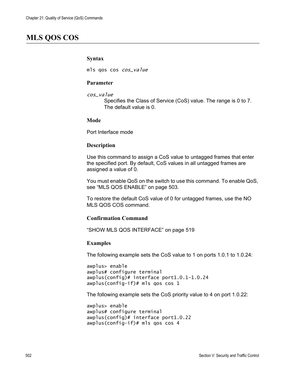 Mls qos cos | Allied Telesis AT-DC2552XS User Manual | Page 502 / 550