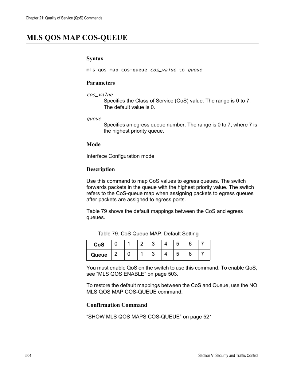 Mls qos map cos-queue, Table 79. cos queue map: default setting | Allied Telesis AT-DC2552XS User Manual | Page 504 / 550