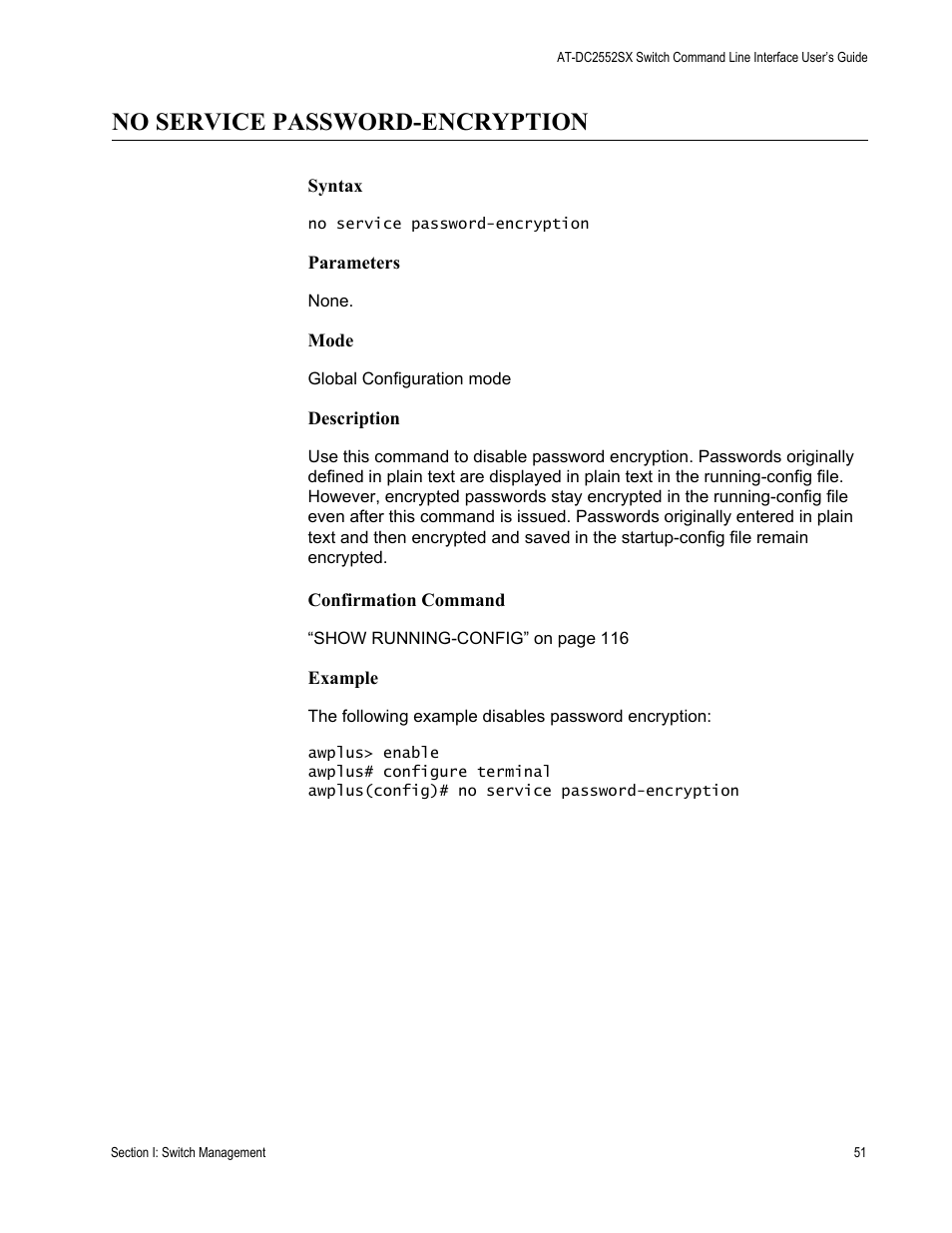 No service password-encryption | Allied Telesis AT-DC2552XS User Manual | Page 51 / 550