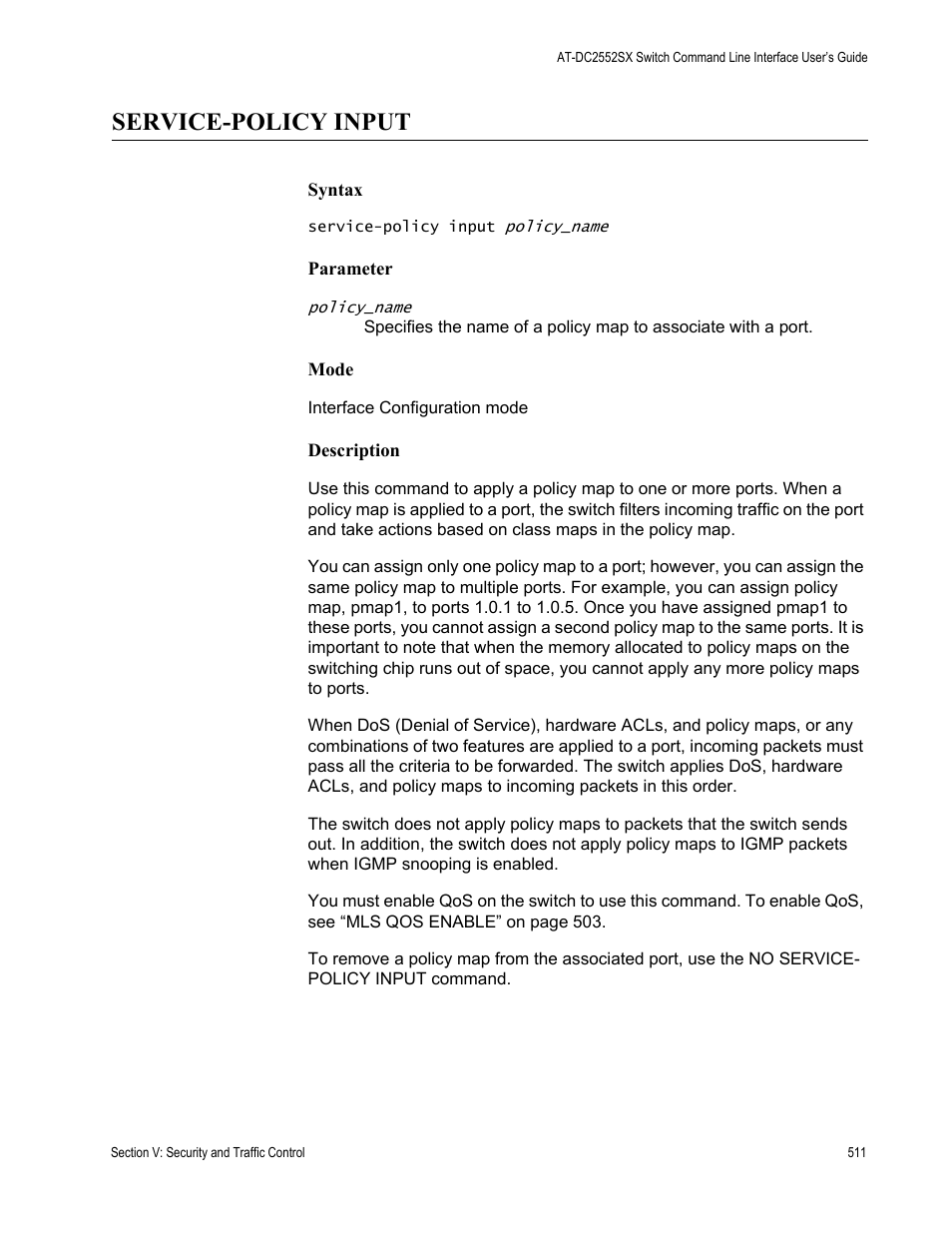 Service-policy input | Allied Telesis AT-DC2552XS User Manual | Page 511 / 550
