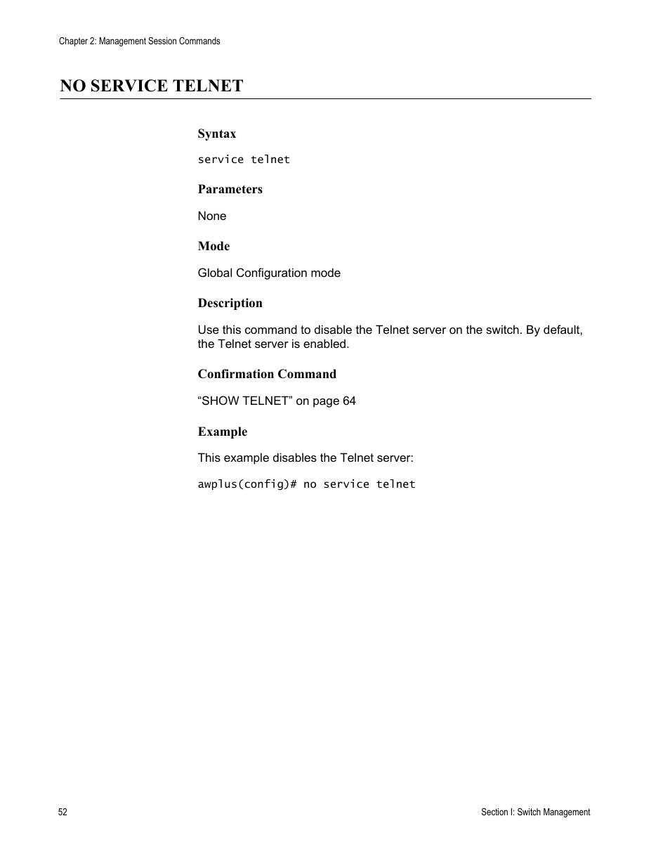 No service telnet | Allied Telesis AT-DC2552XS User Manual | Page 52 / 550