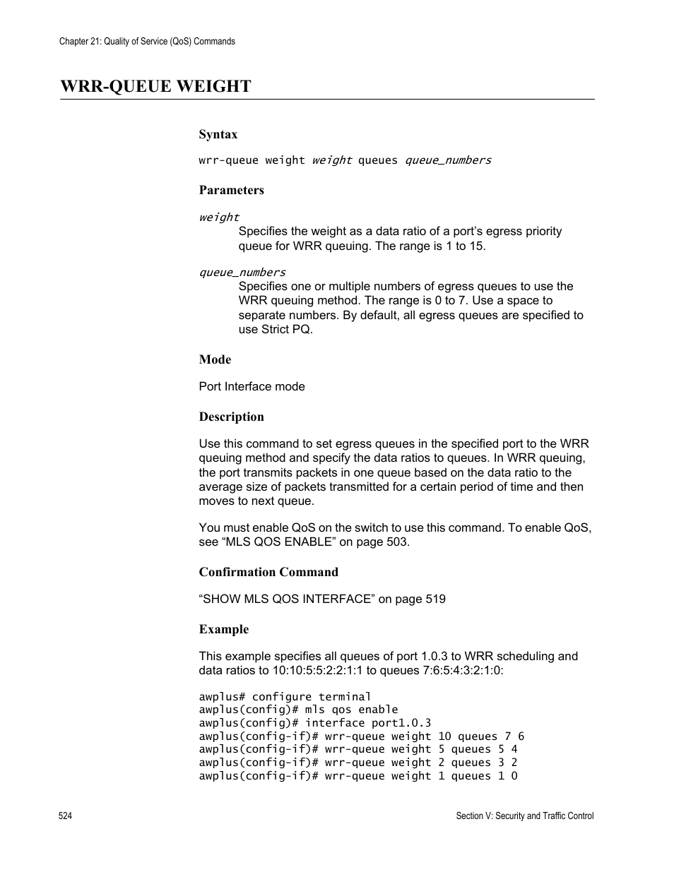 Wrr-queue weight | Allied Telesis AT-DC2552XS User Manual | Page 524 / 550