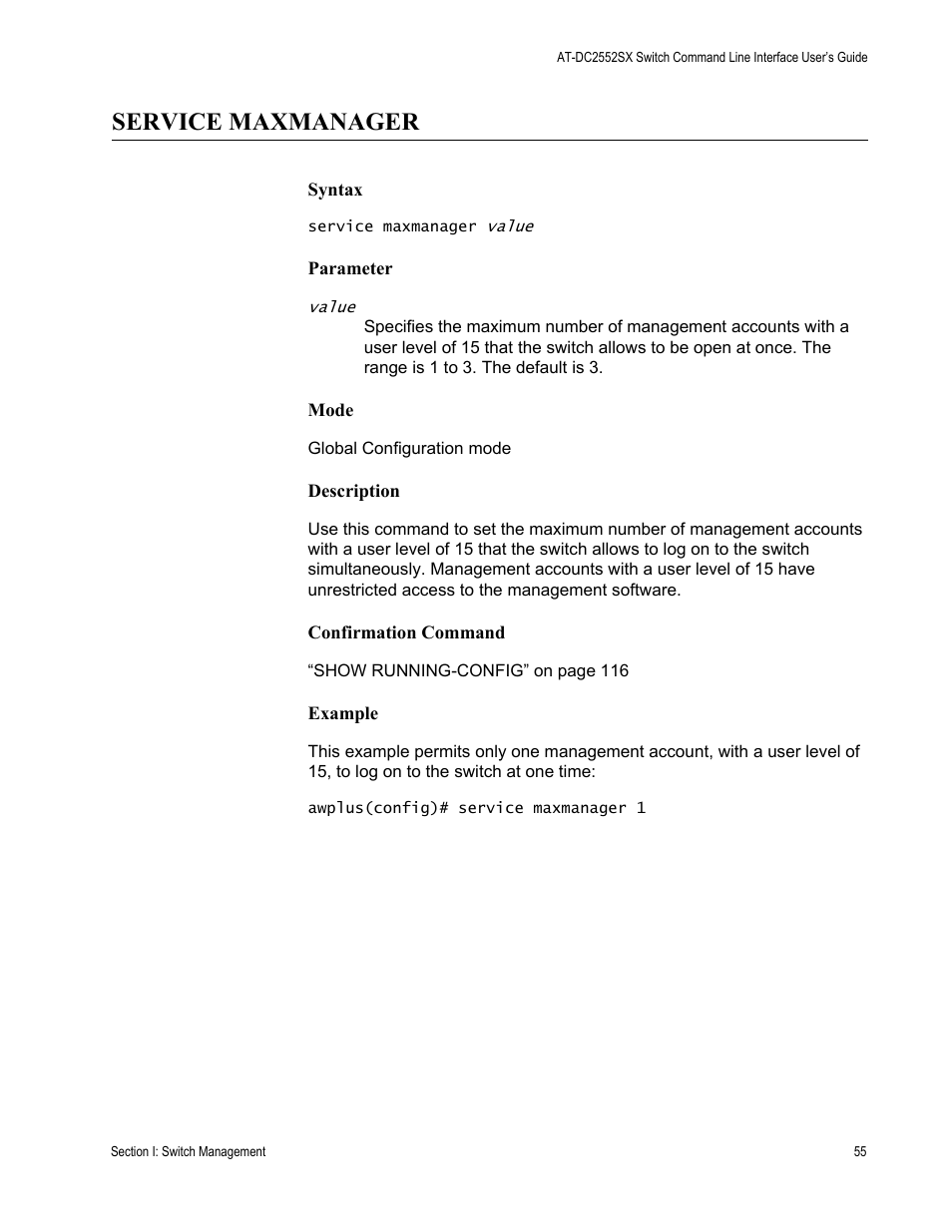 Service maxmanager | Allied Telesis AT-DC2552XS User Manual | Page 55 / 550