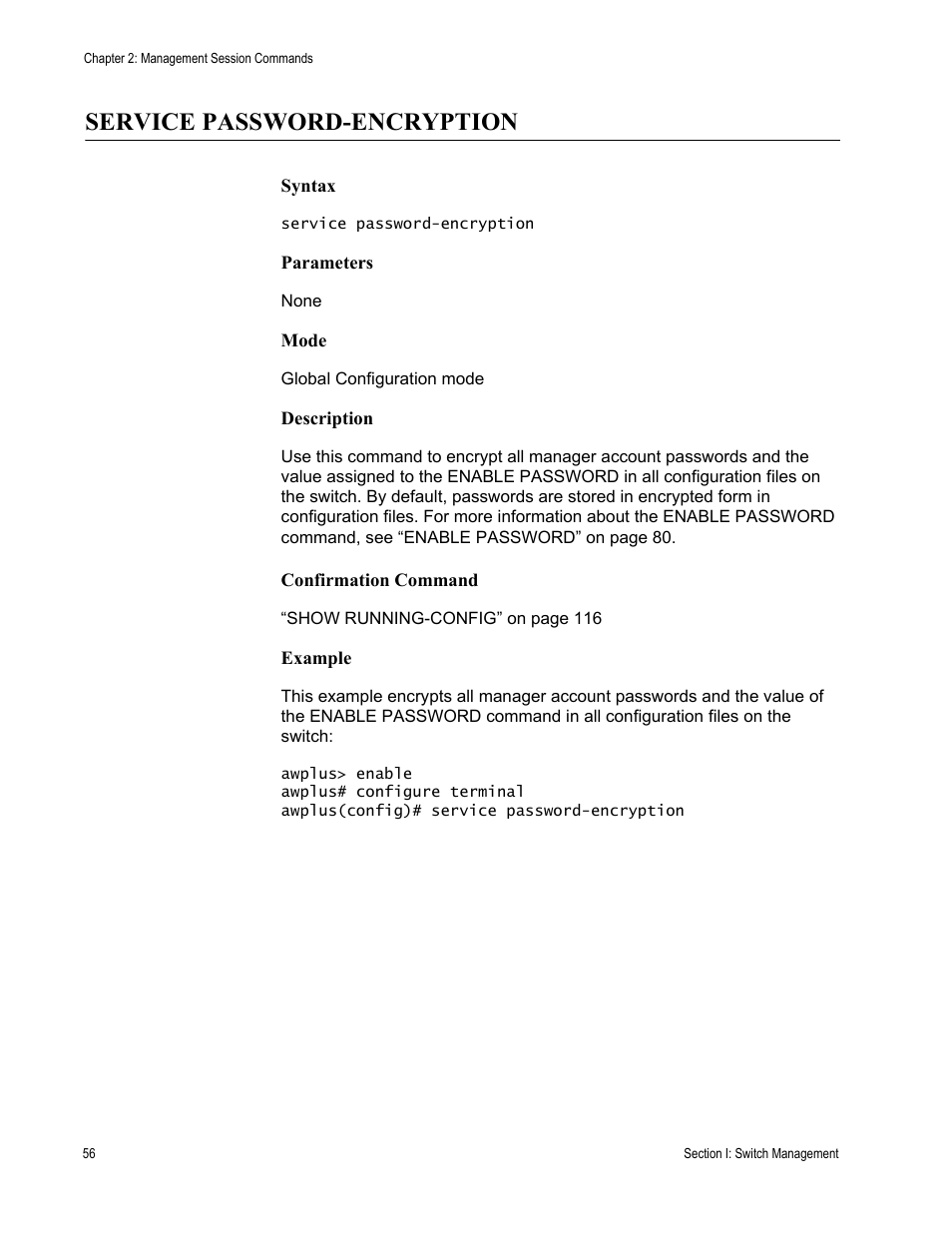 Service password-encryption | Allied Telesis AT-DC2552XS User Manual | Page 56 / 550