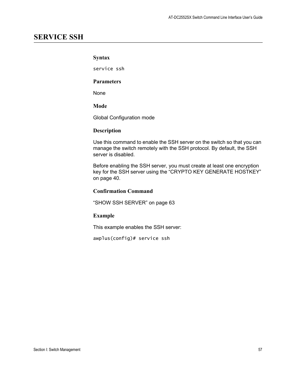 Service ssh | Allied Telesis AT-DC2552XS User Manual | Page 57 / 550