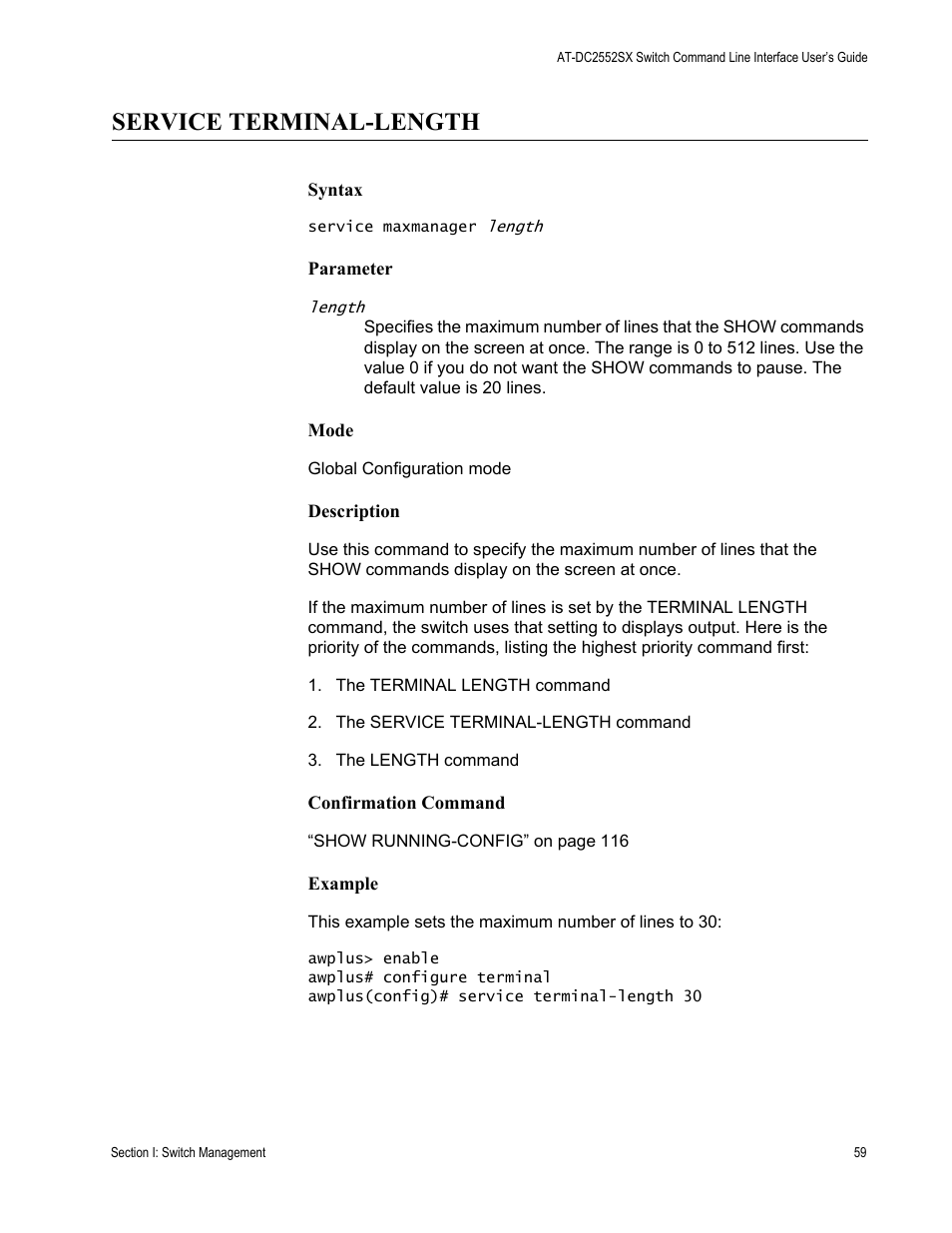 Service terminal-length | Allied Telesis AT-DC2552XS User Manual | Page 59 / 550
