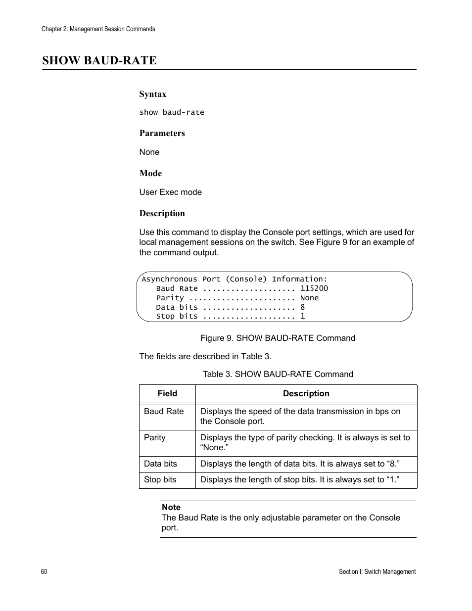 Show baud-rate, Table 3. show baud-rate command | Allied Telesis AT-DC2552XS User Manual | Page 60 / 550