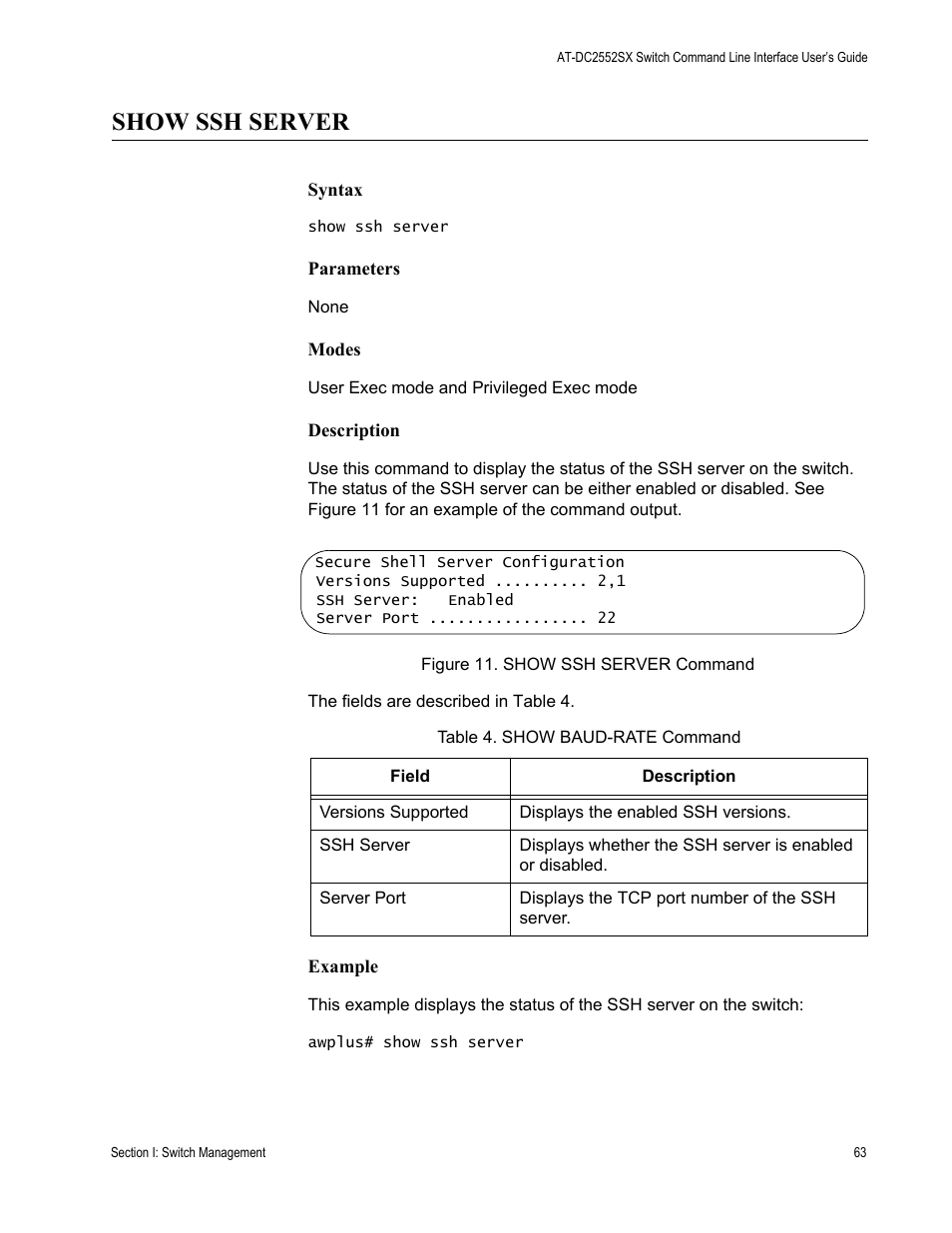 Show ssh server, Table 4. show baud-rate command | Allied Telesis AT-DC2552XS User Manual | Page 63 / 550