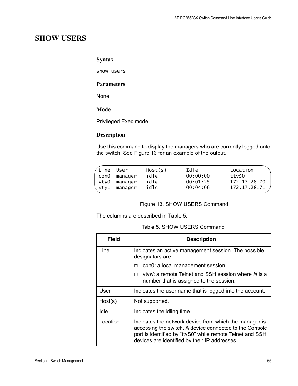 Show users, Table 5. show users command | Allied Telesis AT-DC2552XS User Manual | Page 65 / 550