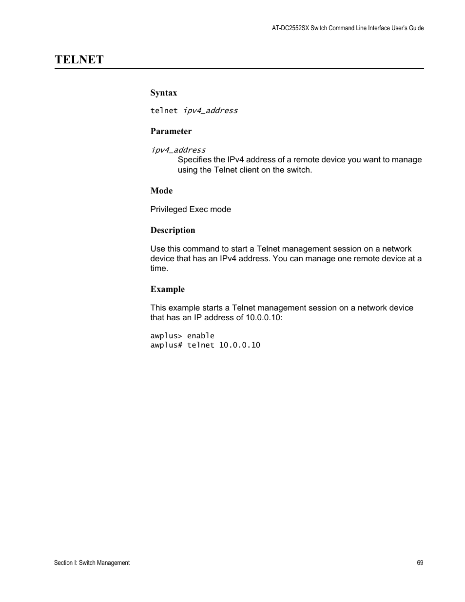 Telnet | Allied Telesis AT-DC2552XS User Manual | Page 69 / 550
